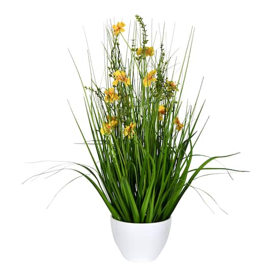 Artificial Potted Yellow Cosmos & Green Grass